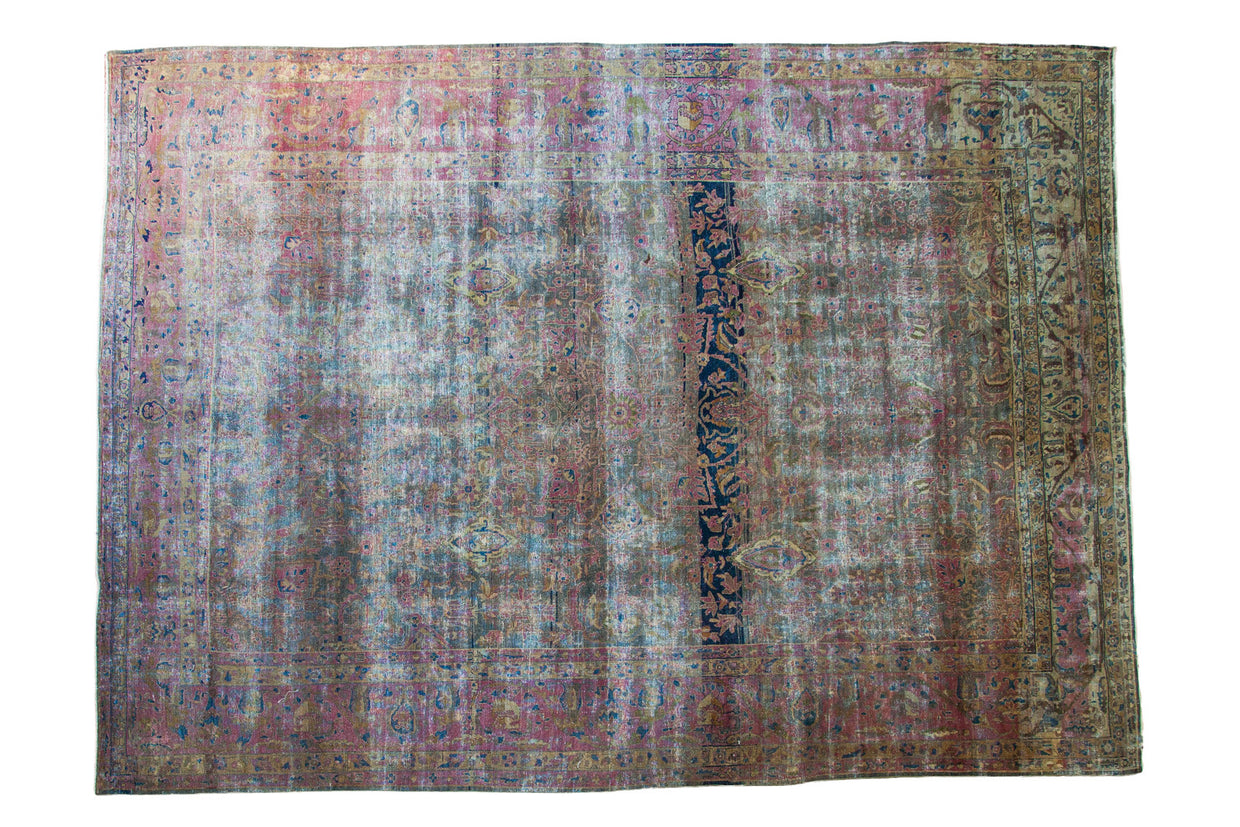 Distressed vintage Turkish carpet with allover charcoal and navy abrash, fuchsia border.