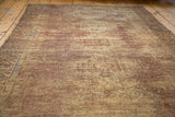 Distressed Oushak runner with overdyed bronze, chestnut, aqua texture and geometric border.