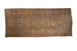 Distressed vintage Oushak hand-knotted runner in overdyed bronze, chestnut, and aqua tones.