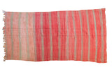 Vintage Moroccan Kilim carpet with vertical bands in pale rose, cinnabar red, and muted green, 5'1
