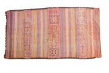 Vintage Kilim carpet, striated bands, geometric triangle motifs, mauve, tangerine, ivory, 5'3