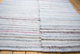 Recycled cotton rag rug, flatwoven cream and pastel stripes with visible stitched join.
