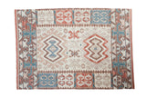 Vintage Turkish Kilim rug, double medallions, tree motifs, faded aqua, red, beige. 2'10
