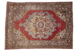 Vintage distressed Oushak rug with cinnabar red medallion, gold, grey, ivory patterns, 4' x 5'9