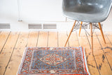 Bidjar rug's central diamond medallion, Herati field, and turtle-samovar borders in blue, rust.