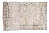 Muted distressed Oushak carpet with geometric stylized weaving in charcoal, powder blue, and ivory, 6'2