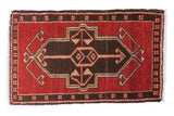 Vintage Oushak rug, power reds and charcoal brown geometric medallion with delicate tendrils, 1'7
