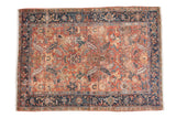 Distressed Heriz carpet, brick red field, sickle leaf design, navy samovar border, 6'7