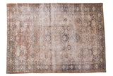 Distressed Turkish Kaisary rug, scalloped medallion, scrolling florals, in faded ivory, charcoal, and red.