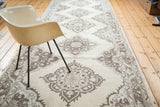 Distressed Oushak runner showcasing lattice medallions in ivory and muted brown.