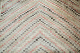 Distressed modern Oushak rug: abstract checkered pattern with faded red, ivory, pewter.