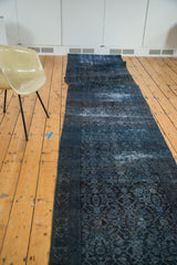 Distressed texture and traditional Herati motif in charcoal, navy, and indigo blue on vintage runner.