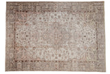 Distressed Oushak carpet with ornate medallion, allover floral design, ivory, rose, and lime.