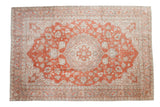 Distressed Oushak carpet, faded cranberry red, ornate medallion, light grey border, 7x10.3.