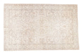 Distressed Oushak carpet, faded ivory, beige, and time-softened green medallion, 6'3
