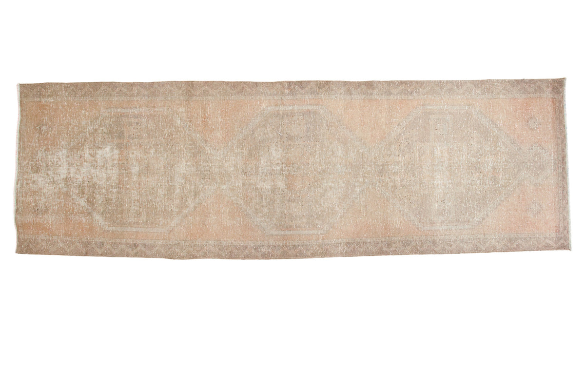 Distressed Oushak hand-knotted runner, triple diamond medallions in beige and soft apricot peach.