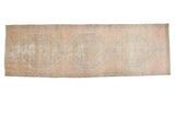 Distressed Oushak hand-knotted runner, triple diamond medallions in beige and soft apricot peach.