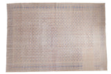 Distressed Oushak carpet, faded apricot field with allover royal blue patterns and abrash, 8x11'5.