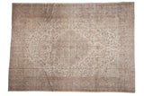 Distressed Oushak carpet featuring faded ivory, blush, and blue curvilinear floral medallion, 8x11.