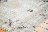 Distressed Oushak runner texture, with faded apricot peach and moss green geometric motifs.