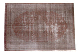 Designer-aligned, distressed Turkish Oushak rug, faded terracotta and grey, ghosted medallion, 6'7