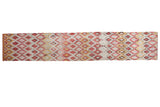 Vintage Turkish Kilim runner with geometric diamond lattice in saffron yellow, blush pink, and pewter grey, 2'8