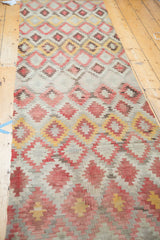 Geometric diamond lattice on hand woven Turkish Kilim in saffron, blush, and pewter.