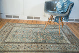 Distressed Turkish Oushak rug, slate blue field, blush rose scrolling vine, samovars border.