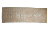 Distressed hand-knotted Oushak runner, faded apricot rectilinear medallions and tribal border, 3x8.