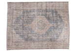 Distressed Oushak carpet, faded slate blue field, apricot medallion, floral patterns, 7'9