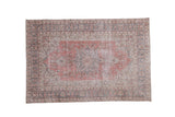 Distressed Oushak rug, faded raspberry, ivory medallion, deep blue curvilinear patterns, 4'4