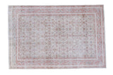 Distressed Turkish Oushak carpet with allover floral design in ivory, soft green, faded blush, 5x8.