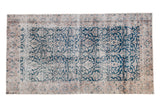 Distressed Oushak rug, dark teal curvilinear lattice and soft beige floral pattern, 3'8