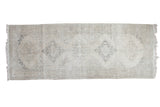 Distressed Turkish Sparta runner rug, quintuplet medallions, soft ivory, blanched beige, charcoal tones, 5x13 feet.