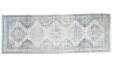Distressed Turkish Sparta hand knotted runner, muted ivory, beige medallion pattern. 4'10