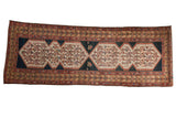Hand knotted distressed Malayer runner, geometric double medallions, navy, beige, faded red.