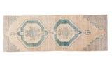 Vintage Oushak runner, double octagonal medallions in mallard green and beige, with abrashes.