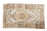Distressed Oushak rug with central tree motif medallion and geometric spandrels in ivory and brown, 3'2