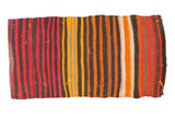 Vintage Kilim rug with horizontal stripes in bold red, dark navy, tangerine, saffron yellow.