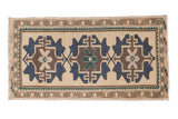 Vintage Oushak rug with triple geometric medallions, meandering leaf border, in ivory, navy, brown, mallard green. 1'9