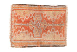 Vintage Oushak rug with dramatic elongated arrow medallion on cherry red field, silver and tangerine borders.
