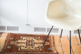 Vintage Oushak rug mat, tribal central arrows, stemming branches, copper, aqua, tangerine.