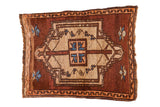 Vintage Oushak rug mat, geometric beige medallion, deep copper, aqua blue, tangerine, 2' x 2'4