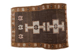 Vintage Oushak rug mat: deep chocolate field, beige double cross medallions, bronze star border.