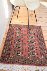 Intricate geometric border and fringe detail of a blush vintage Bokhara rug mat.
