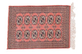 Deep blush vintage Bokhara rug mat, double column elephant footprint guls, 2x3.