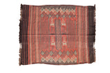 Vintage Turkish Jijim square rug, red, black, charcoal horizontal stripes, geometric diamonds, 4x4'8