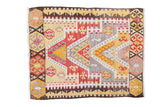 Colorful vintage Turkish Kilim rug mat, featuring stepped medallions and crab style borders. 2'5
