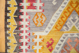 Vintage Turkish Kilim rug flatweave with saffron, red, grey geometric stepped patterns and hook motifs.