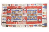 Vintage Turkish Kilim rug, crab medallion design, arrow border, abrashed red, blue, ivory tones.